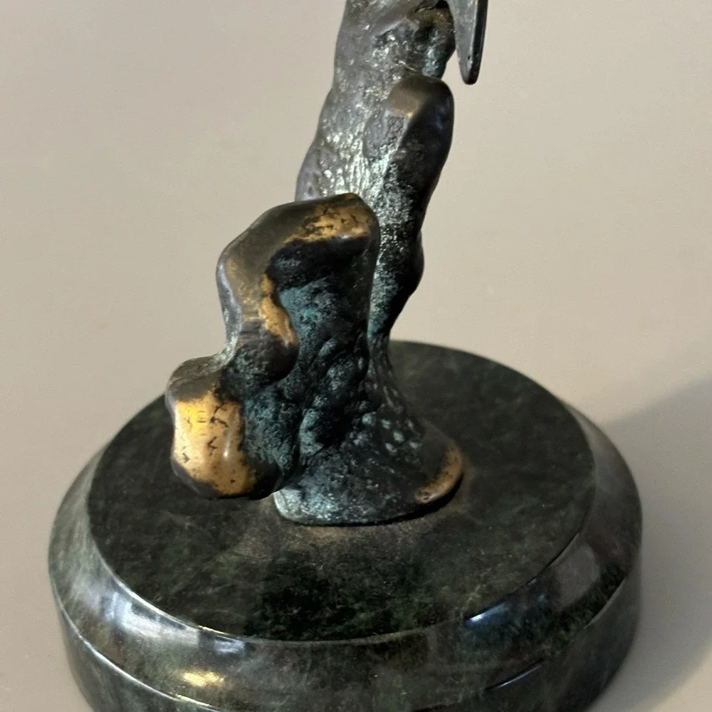 Vintage Verdigris Brass Dolphins Statue Verdigris Marble Base 6